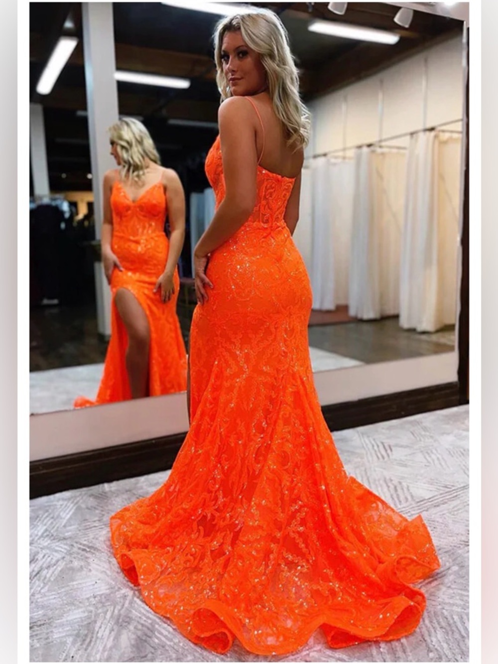 Orange beaded Lace Spaghetti Strap Prom Dress with Front Slit nwt size 6 - Picture 2 of 6